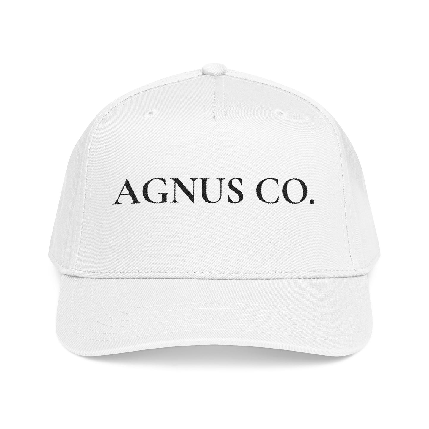 Agnus Co. White Catholic cap — front view with Agnus Co. text embroidery