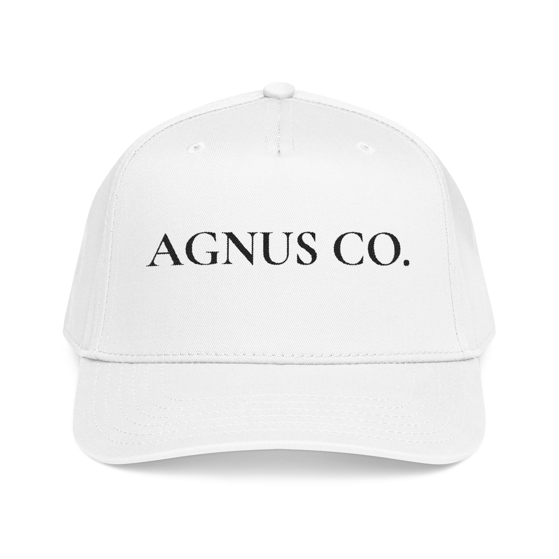 Agnus Co. White Catholic cap — front view with Agnus Co. text embroidery
