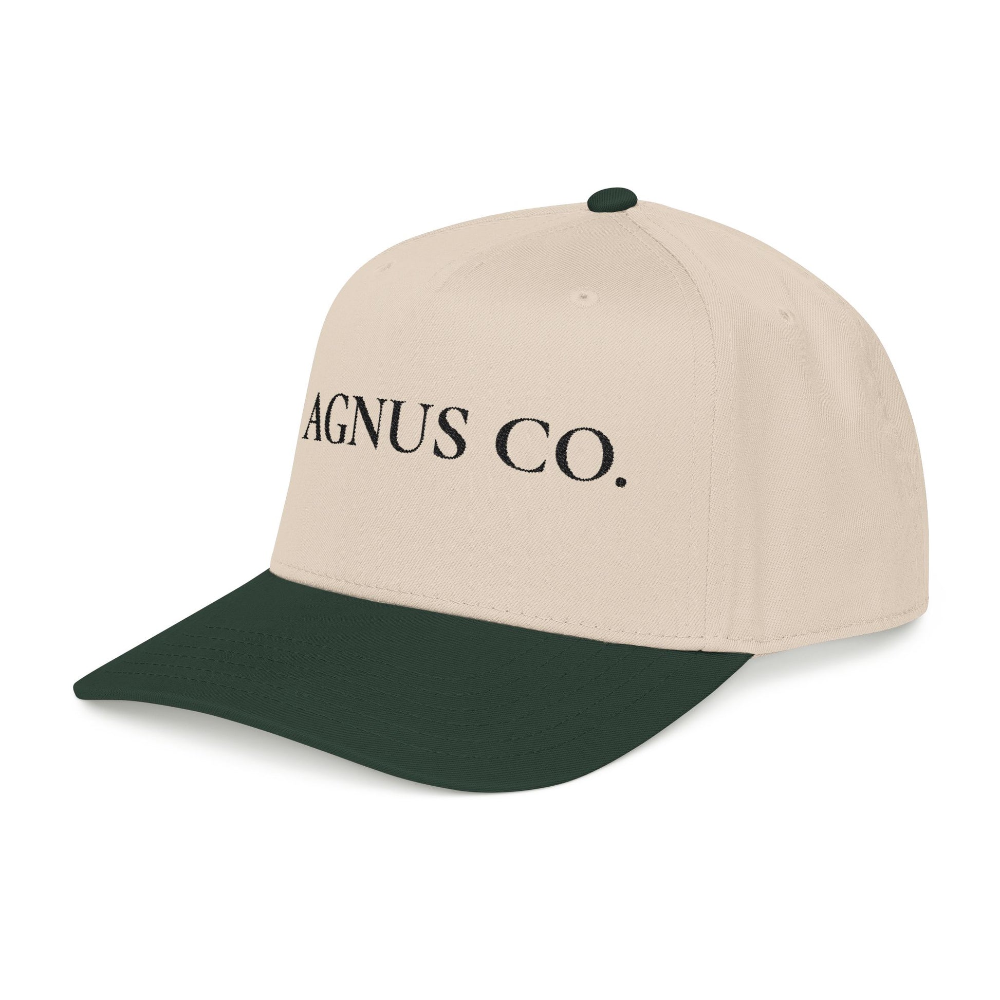 Agnus Co. Dark Green and Natural two-tone Catholic cap — side view