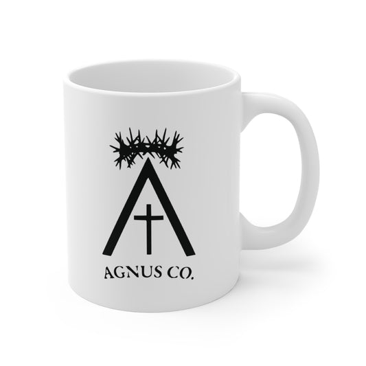 Agnus Co. Catholic coffee mug — front view with Agnus Co. logo and crown of thorns design