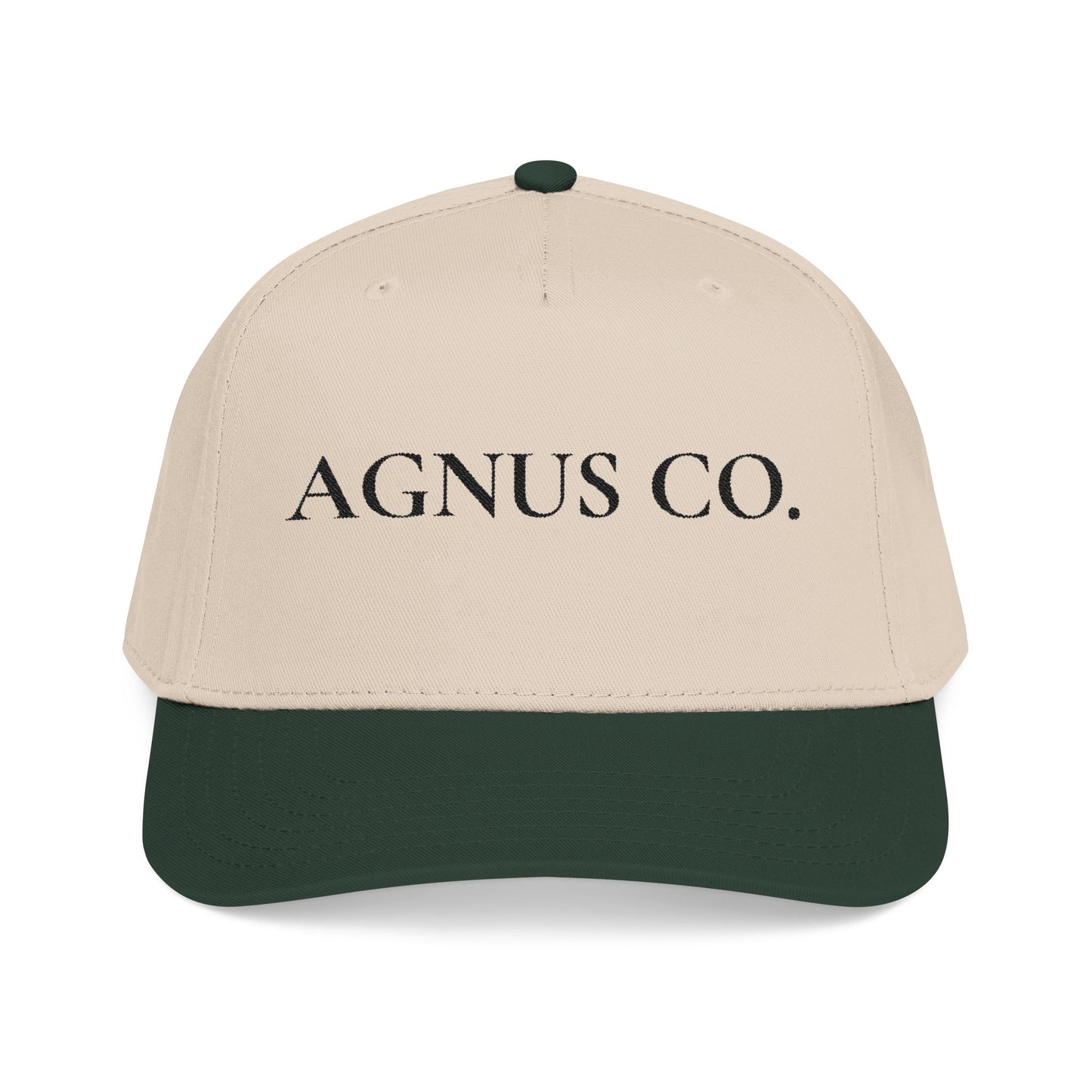 Agnus Co. Dark Green and Natural two-tone Catholic cap — front view with Agnus Co. text embroidery