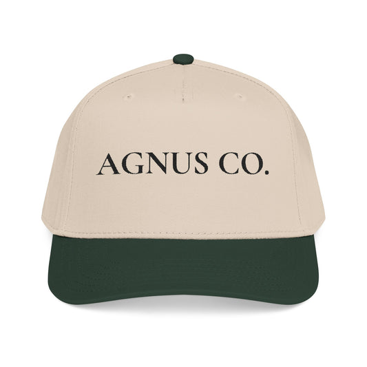 Agnus Co. Dark Green and Natural two-tone Catholic cap — front view with Agnus Co. text embroidery