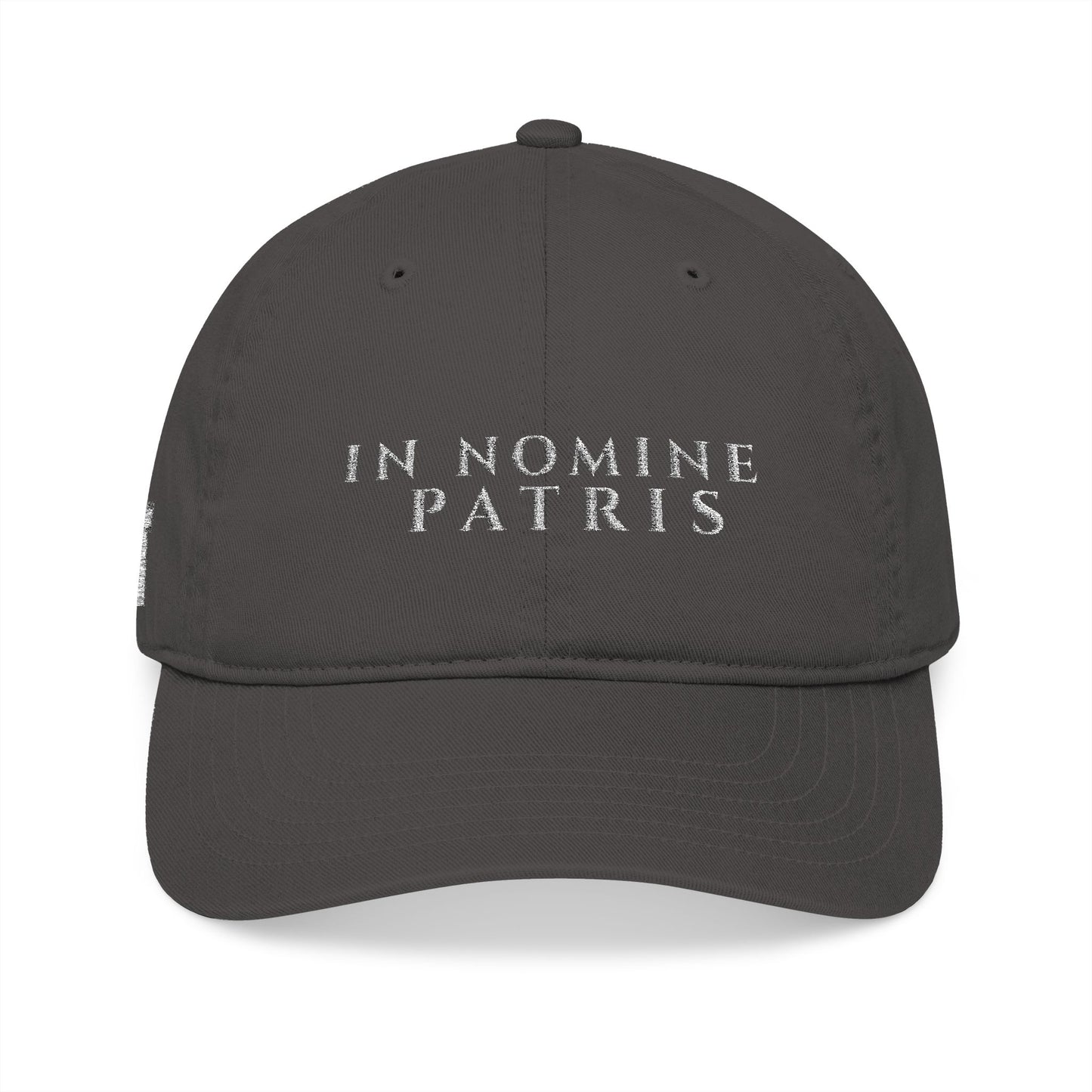 Agnus Co. In Nomine Patris grey Catholic dad hat — front view with Latin embroidery