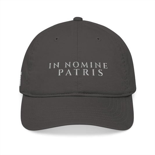 Agnus Co. In Nomine Patris grey Catholic dad hat — front view with Latin embroidery