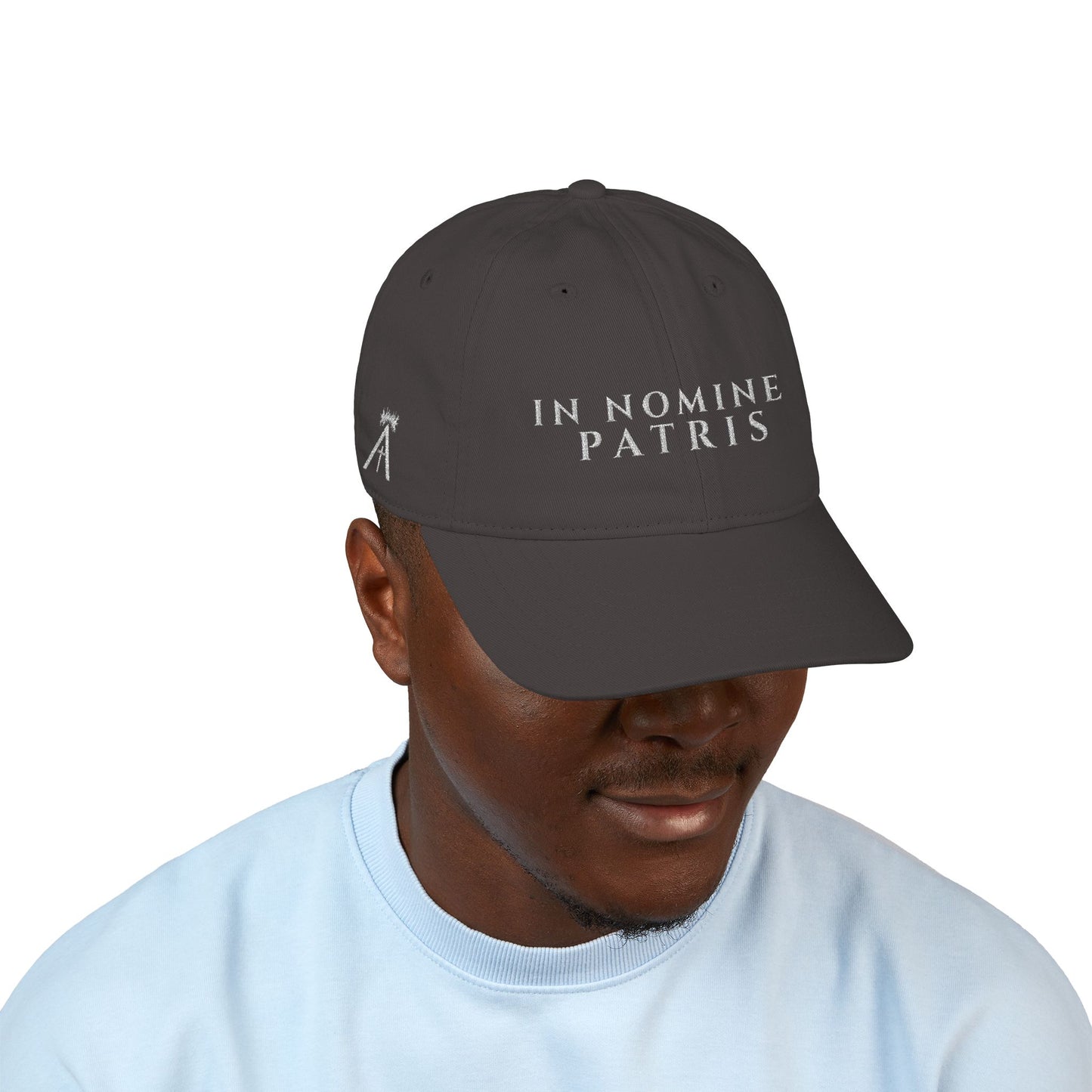 Agnus Co. In Nomine Patris grey cap worn by model — side profile view