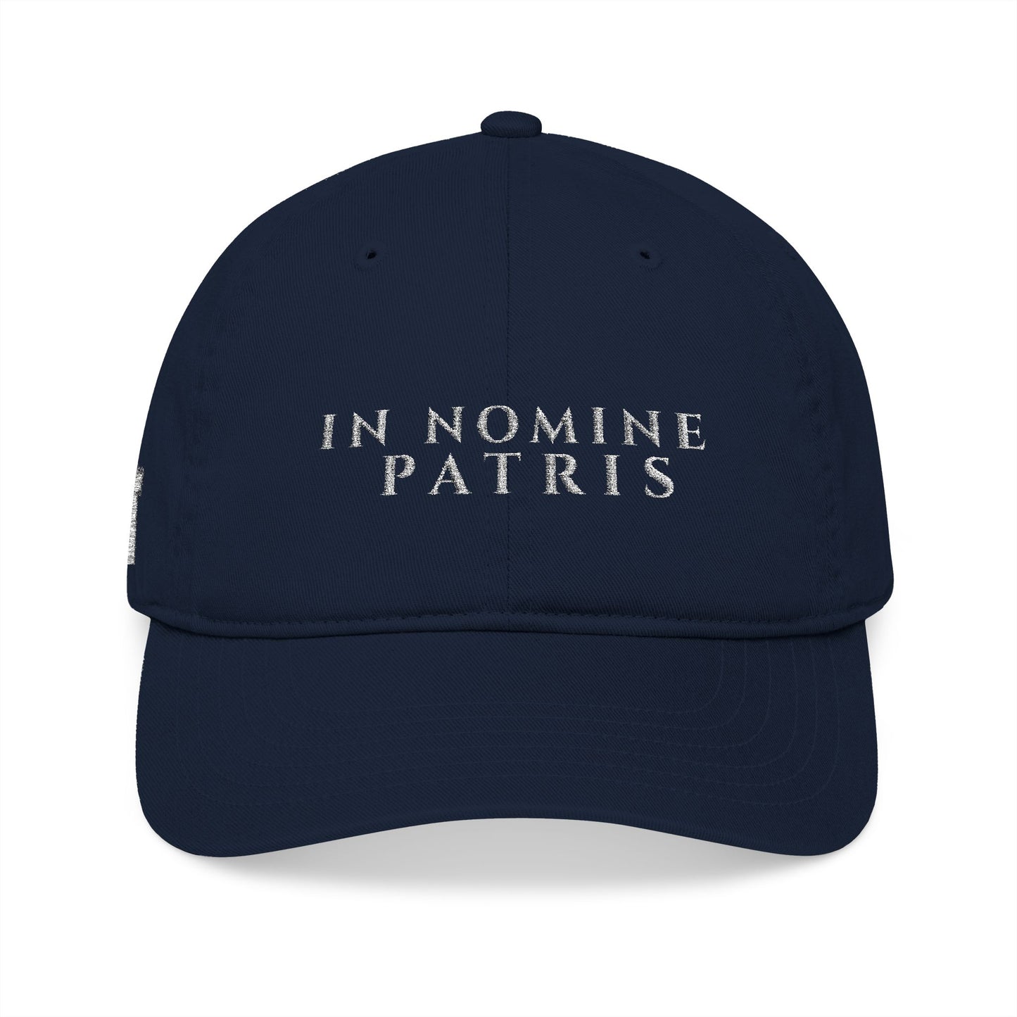 Agnus Co. In Nomine Patris navy Catholic cap — front view with white Latin script embroidery