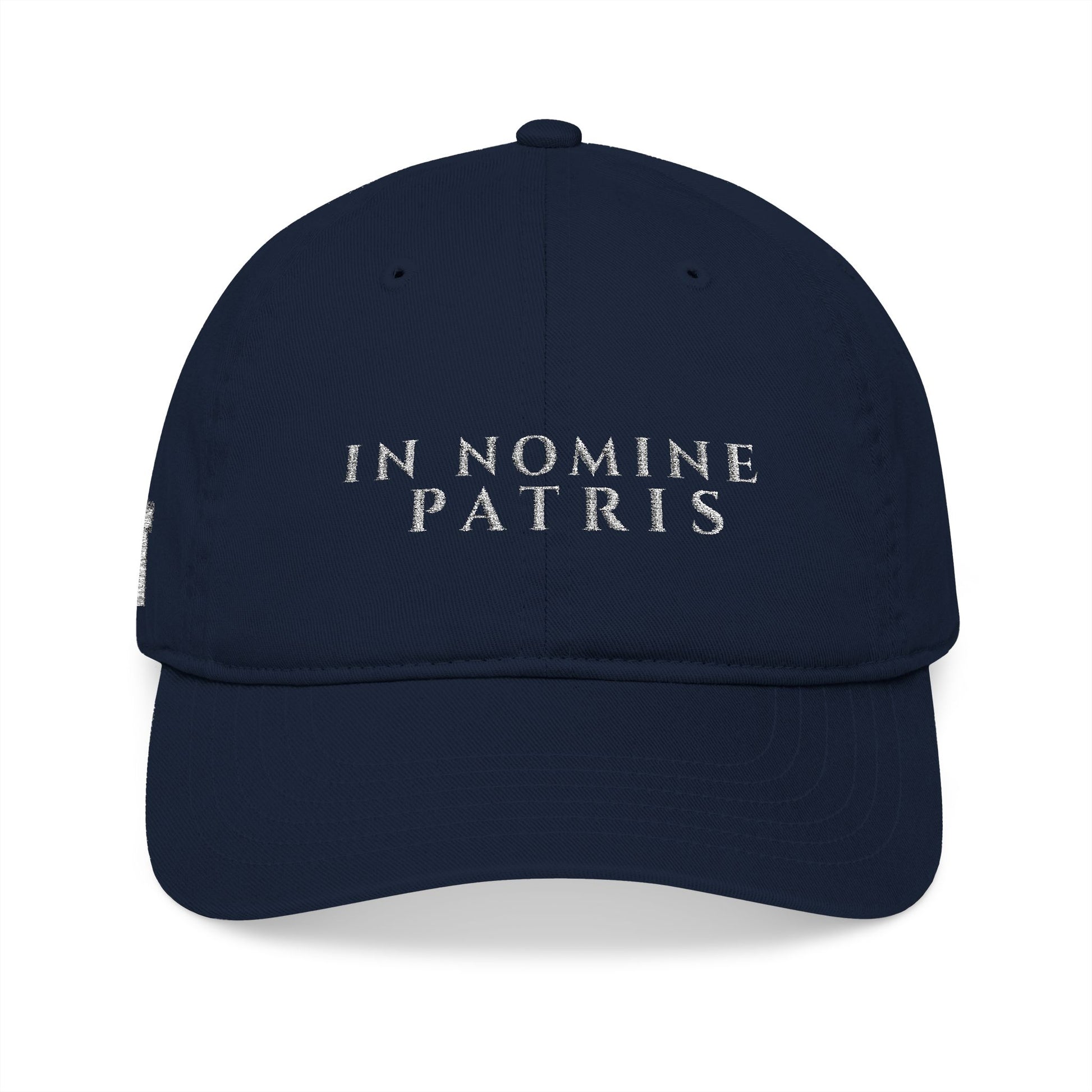 Agnus Co. In Nomine Patris navy Catholic cap — front view with white Latin script embroidery