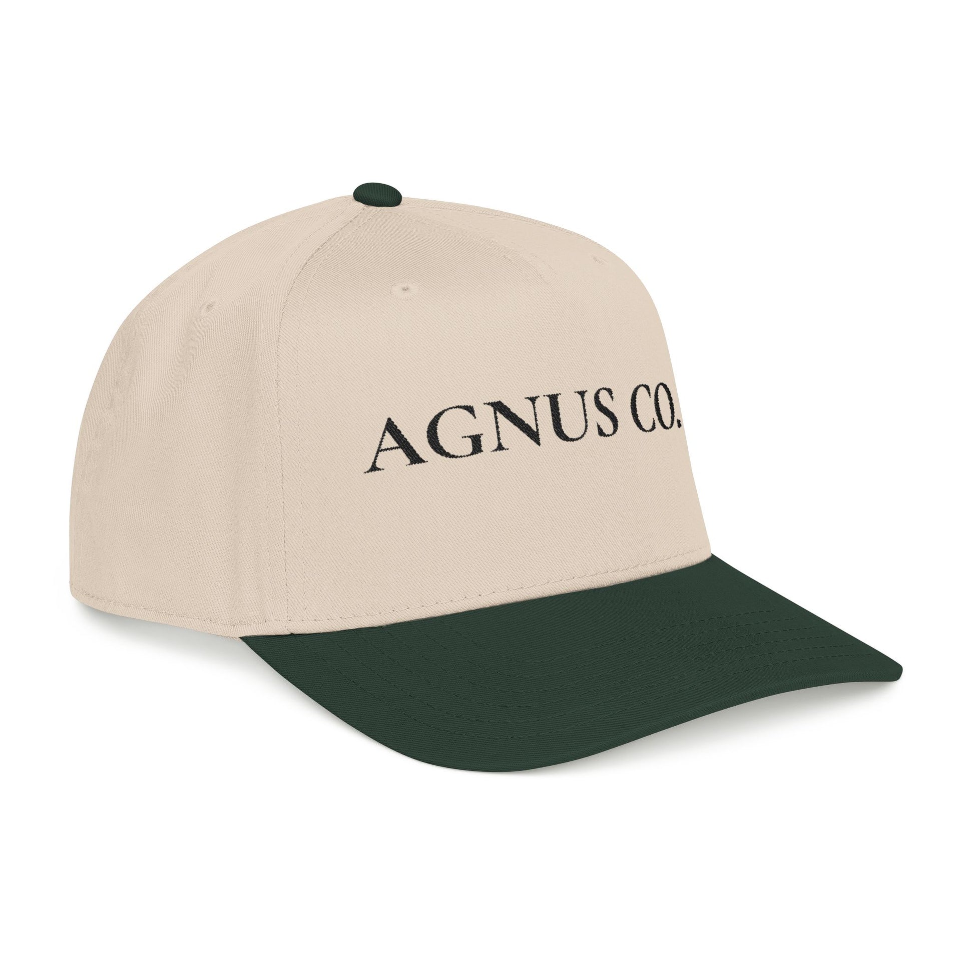 Agnus Co. Dark Green and Natural two-tone Catholic cap — angled front view